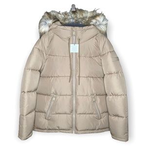 🌼SALE🌼 Calvin Klein L Sorona Puffer Jacket Coat Faux Fur Beige Biscuit Warm